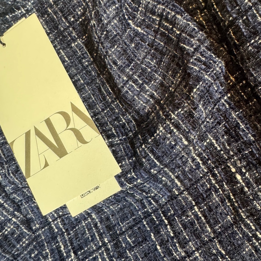 Zara Navy Blue Tweed Off The Shoulder Corset Top Bell Sleeve preppy chic NWT